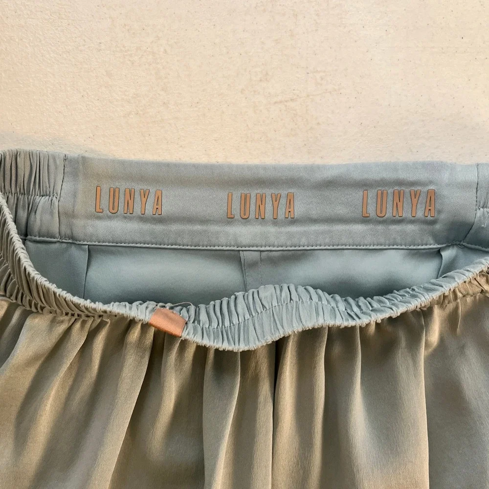 Lunya Silk Shorts Sleepwear Women Small Blue Grey Pockets Luxury Minimalist FLAW